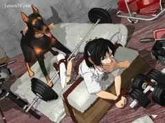 A captor restrains a young Asian toon legal adolescent, who is subsequently mounted and drilled by a large dog.